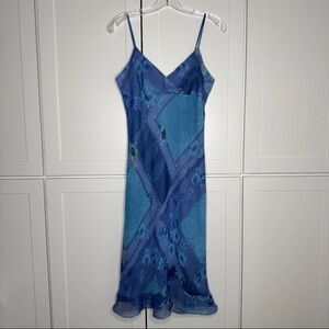 Vintage 90s Y2K California Concepts Blue Patchwork Floral Paisley Midi Dress EUC